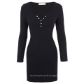 Kate Kasin Sexy Women's Long Sleeve V-Neck Button Front Black Tight Skirt Mini Short Dress KK000300-1